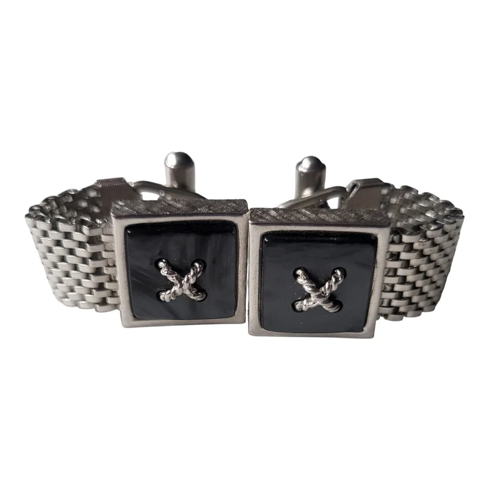 Black Marbled Silver Tone Mesh Chain Cuff Links One Size (11/16 approximate)